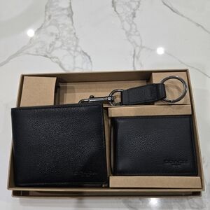 Coach Black Leather Wallet and Keychain Set